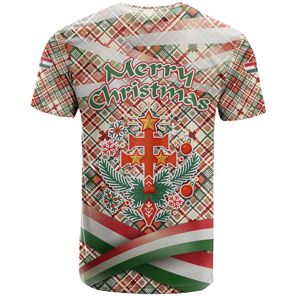 Hungary Christmas T-Shirt with Red Green Plaid Pattern Crown and Double Cross Motif Graphic Tee