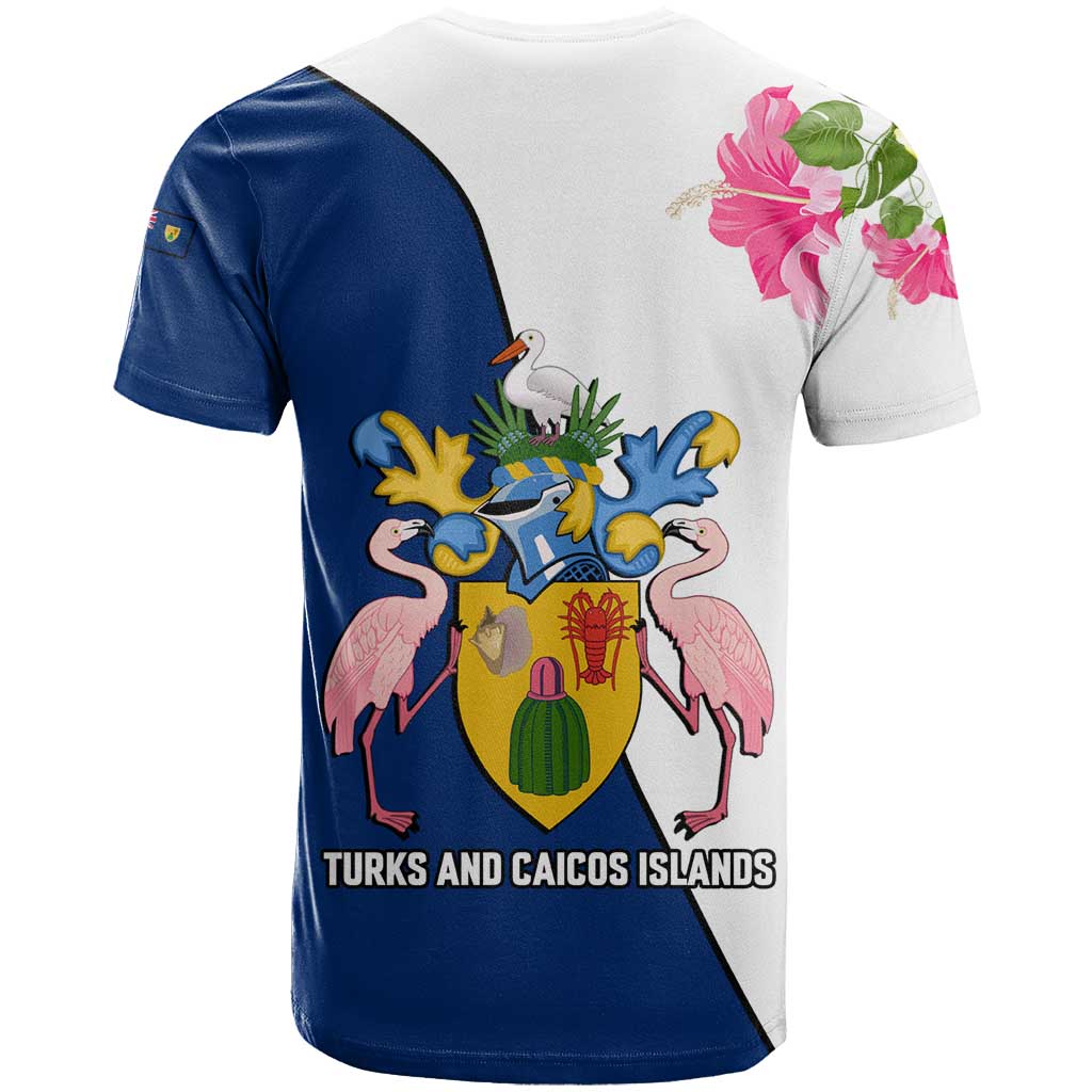 Turks and Caicos Islands T-Shirt with Flamingos Floral Pattern and National Crest Design Graphic Tee