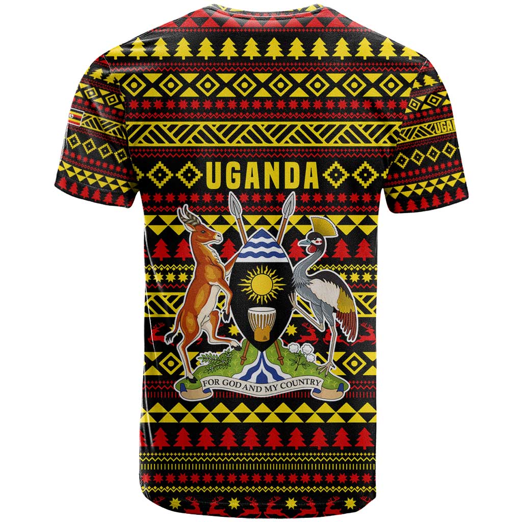 Uganda Christmas T-Shirt with Flamingo Lights Uganda Flag and Black Red Yellow Tribal Pattern Design Graphic Tee