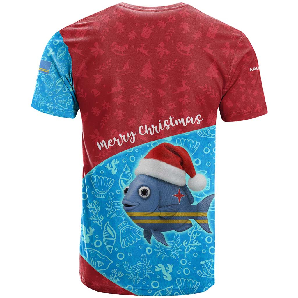 Aruba Christmas T-Shirt with Santa Fish Aruba Flag Ocean Icons and Red Blue Holiday Pattern Design Graphic Tee
