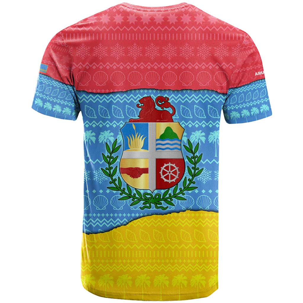 Aruba Christmas T-Shirt with Fish Christmas Tree Aruba Flag and Red Blue Yellow Tropical Pattern Design Graphic Tee