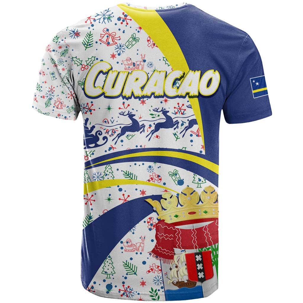 Curacao Christmas T-Shirt with Santa Lizard Crown Gifts Snowflakes and Holiday Icons Design Graphic Tee