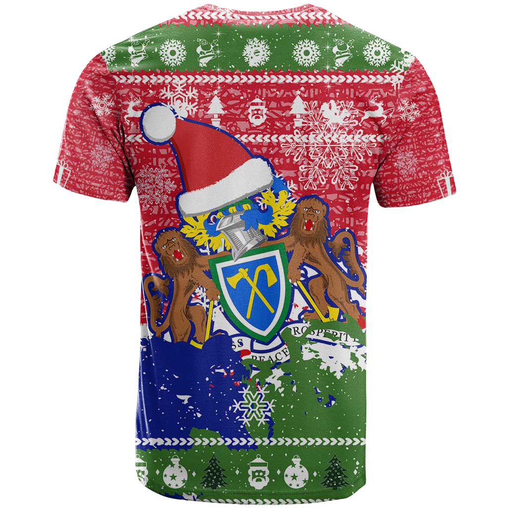 Gambia Christmas T-Shirt with Santa Hippo National Coat of Arms Snowflakes and Festive Holiday Graphic Tee