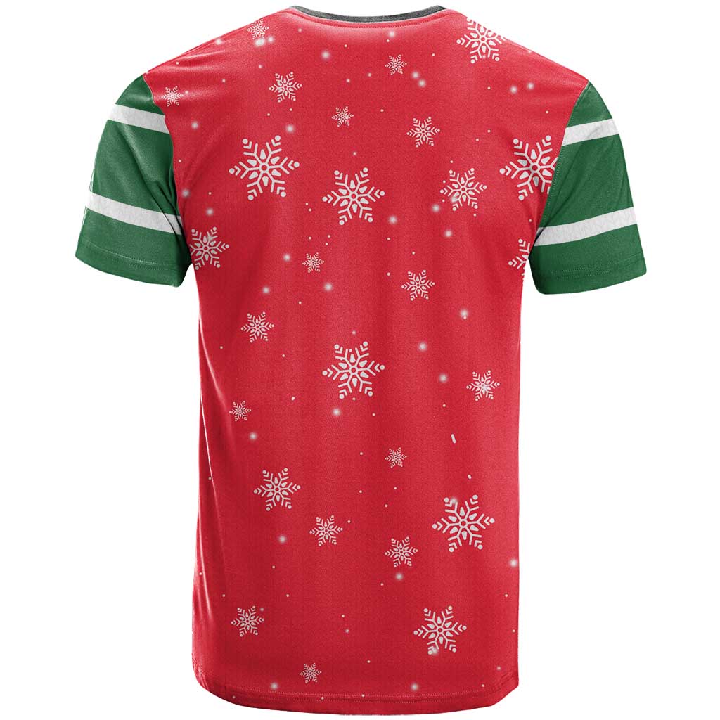 Bossy Elf Christmas T-Shirt with Snowflakes and Striped Sleeves Graphic Tee