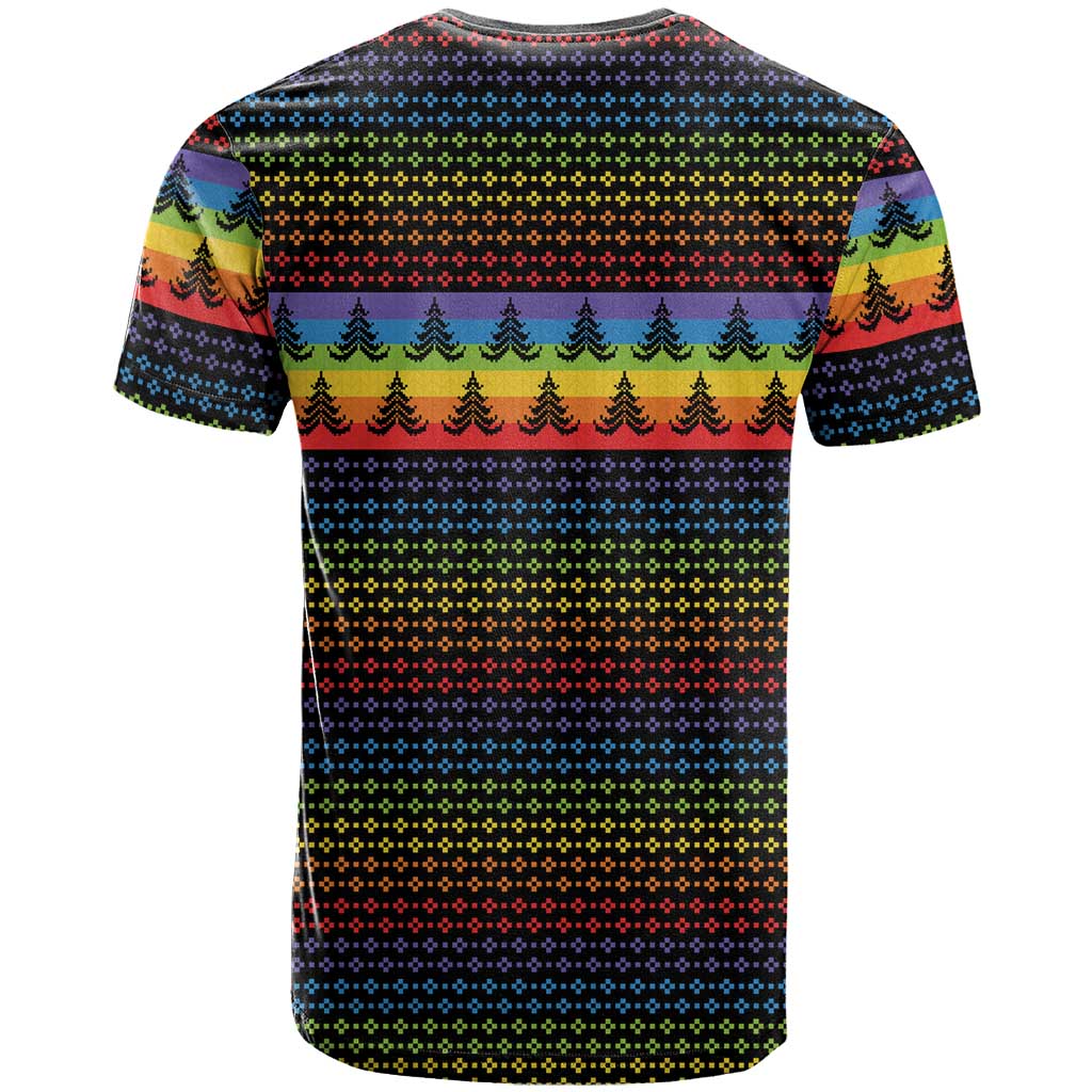 Rainbow Jesus Ah Men Christmas T-Shirt with Colorful Stripes and Holiday Pattern Graphic Tee