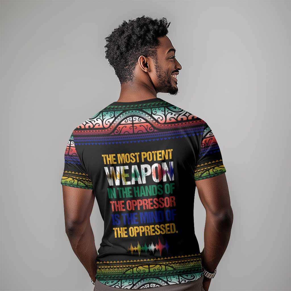 Steve Biko T-Shirt with Microphone Portrait, Black Consciousness Quote and Vibrant Ethnic Wave Graphic Tee