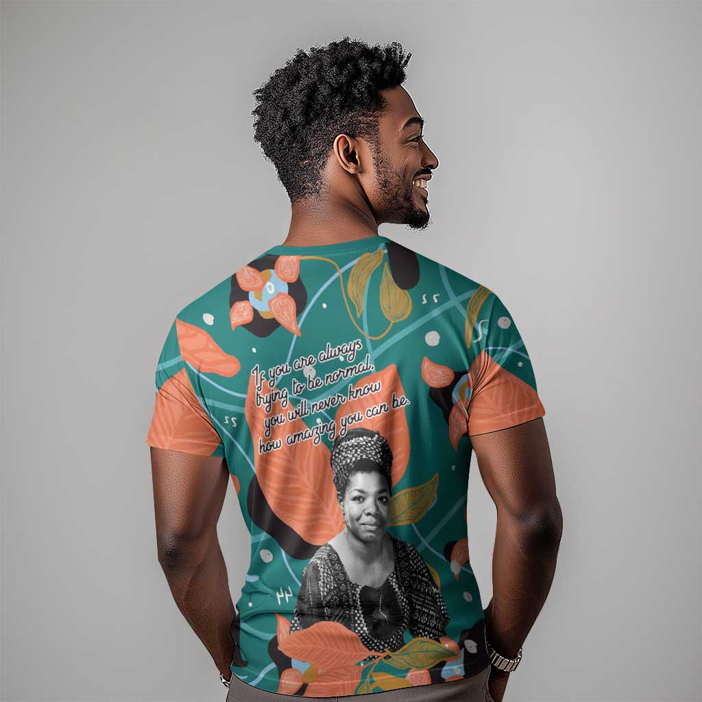Maya Angelou T-Shirt Inspirational Quote Design Vibrant Teal and Orange Leaf Motif Graphic Tee