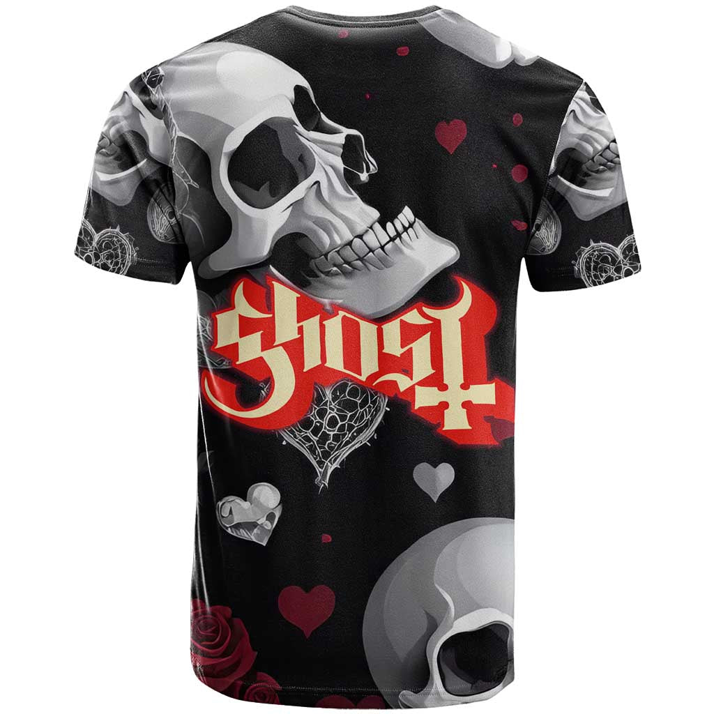 Ghost Valentine T-Shirt with Rockets Skull Heart Pattern Graphic Tee
