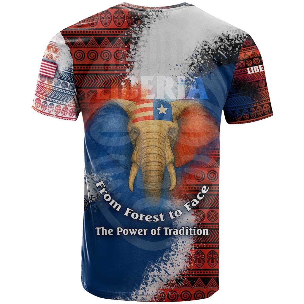Liberia Elephant Power of Tradition T-Shirt with Tribal Red Blue Splash Pattern Graphic Tee