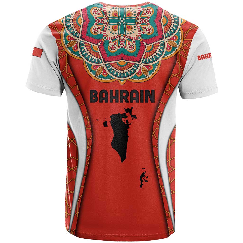 Bahrain Mandala Pattern T-Shirt with National Map and Arabic Geometric Design Graphic Tee