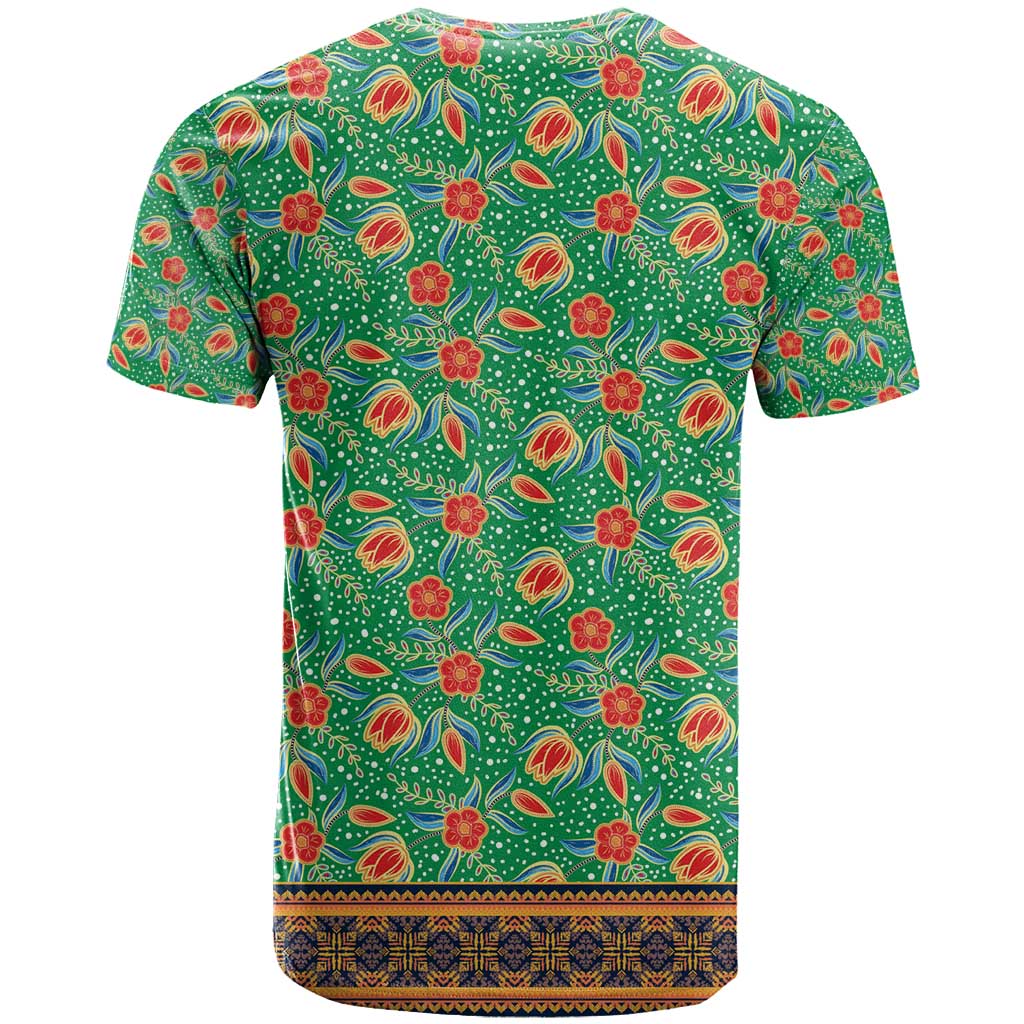 Traditional Malaysian Batik Floral T-Shirt with Green Tulip and Red Blossom Pattern Graphic Tee