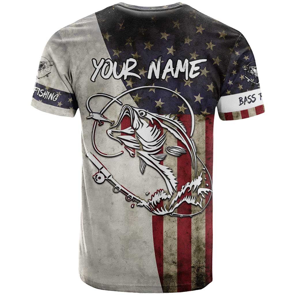 Personalized Distressed American Flag Bass Fishing T-Shirt Hooked Fish and Rustic Vintage Theme Graphic Tee