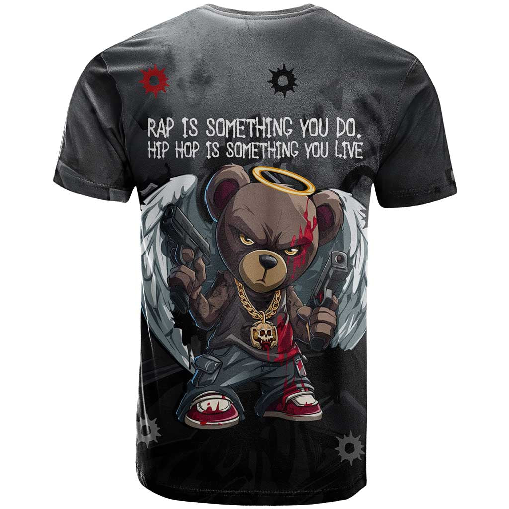 Hip Hop Streetwear T-Shirt with Graffiti Boombox and Angel Bear Graphic in Urban Bullet Hole Design Graphic Tee