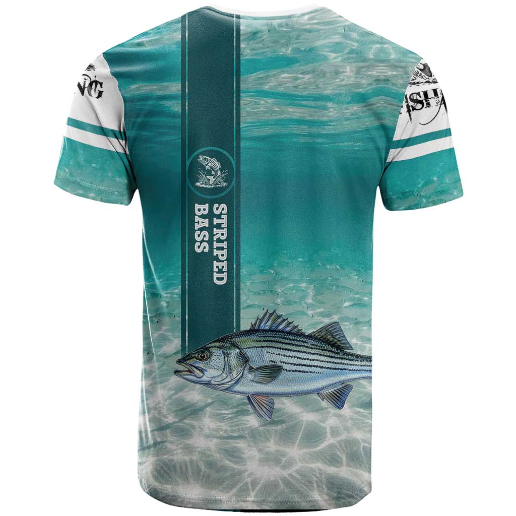 Striped Bass Fishing T-Shirt with Underwater Ocean Scene and Teal Water Pattern Graphic Tee