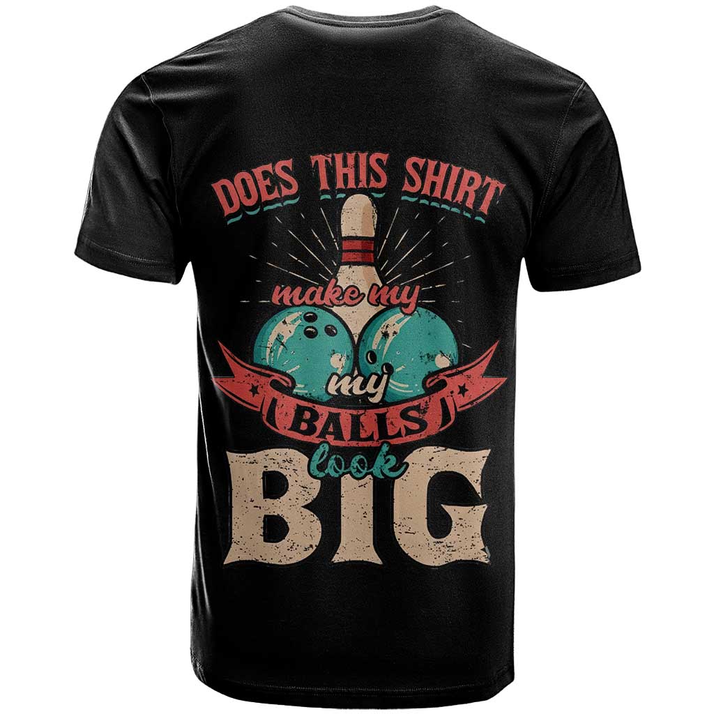 Custom Bowling Balls T-Shirt with Does This Shirt Make My Balls Look Big Quote and Retro Argyle Pattern Graphic Tee