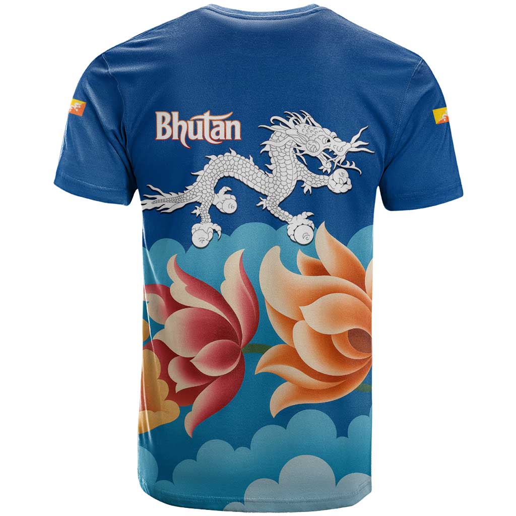 Bhutan Lotus Blossom T-Shirt with White Dragon and Sacred Cloud Harmony Graphic Tee