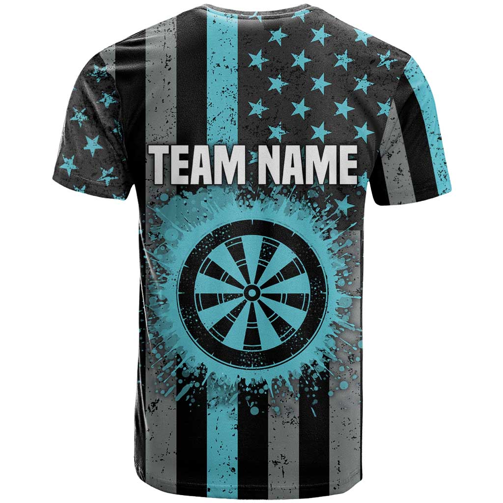 Custom Turquoise US Patriotic Darts T-Shirt Blue American Flag Pattern - Grunge Paint Splatter Graphic Tee