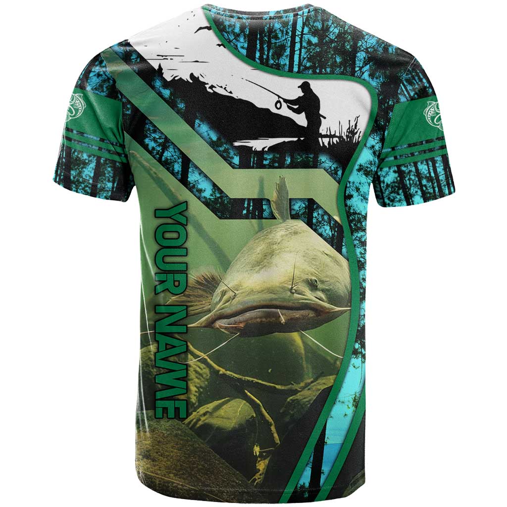 Flathead Catfish Custom Name T-Shirt Forest Silhouette and Green Blue Love Fishing Design Graphic Tee
