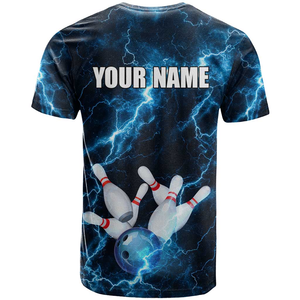Personalized Bowling Ball Strike Graphic T-Shirt Blue Lightning Storm and Electric Energy Graphic Tee