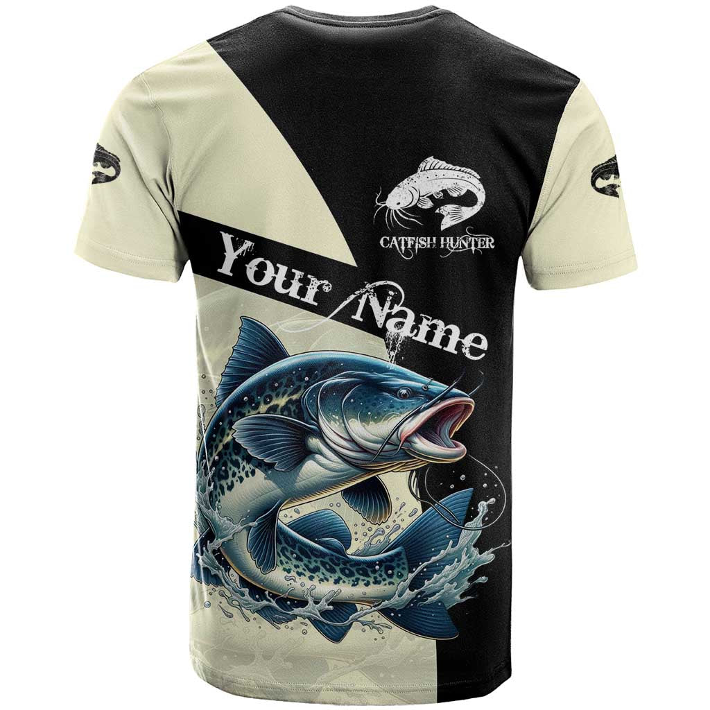 Catfish Fishing Customize Name T-Shirt Splash Effect and Black Cream Split Design Graphic Tee