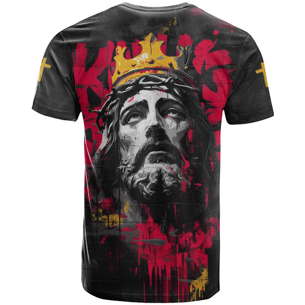 Jesus Graffiti Design T-Shirt Crowned Portrait and Urban Street Art Style in Red Yellow Black Theme Graphic Tee
