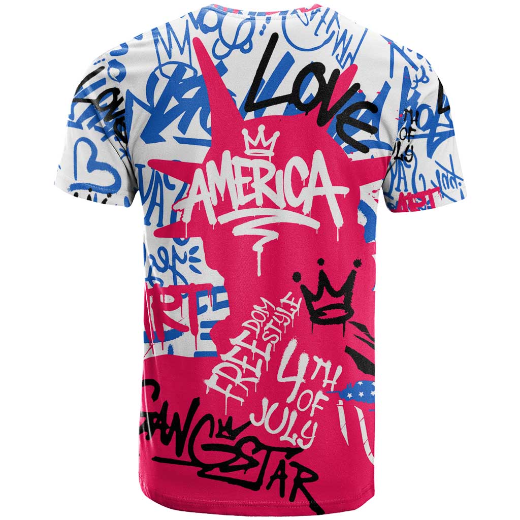 Statue of Liberty Graffiti Street Art T-Shirt America Text and 4th of July Theme in Red White and Blue Design Graphic Tee