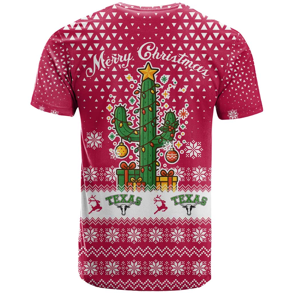 Texas Christmas T-Shirt with Red and White Snowflake Pattern Longhorn Skull and Christmas Cactus Motif Graphic Tee