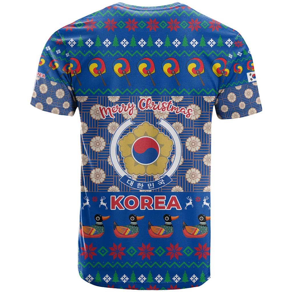 Korea Christmas T-Shirt with Bear in Hanbok National Emblem and Traditional Boat Pattern Design Graphic Tee