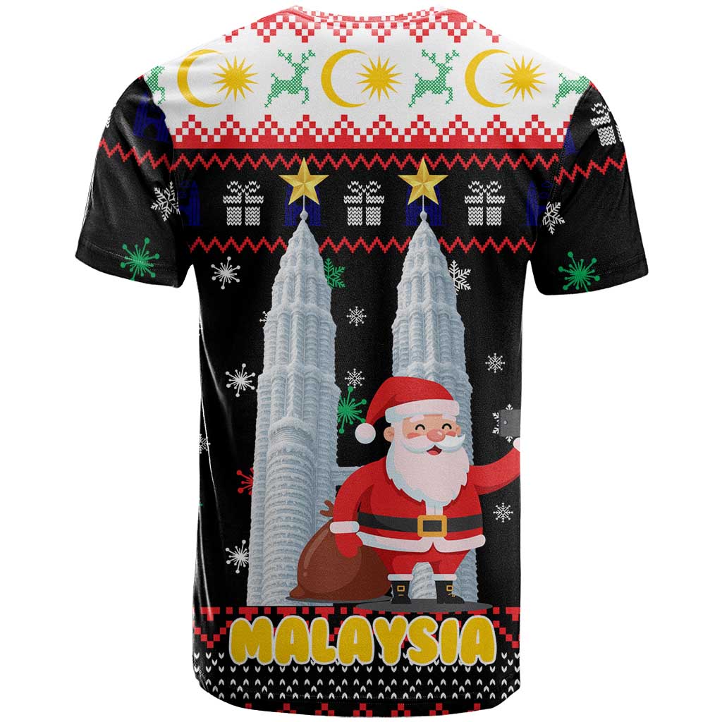 Malaysia Christmas T-Shirt with Santa Claus Petronas Towers Snowflakes and Festive Icons Graphic Tee