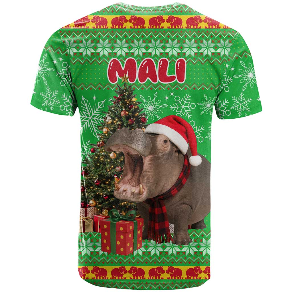 Mali Christmas T-Shirt with Hippo Santa Hat Snowflakes and Holiday Gift Graphic Tee