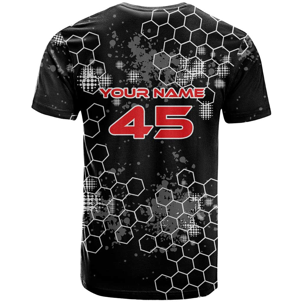 Custom Motocross Dirt Bike T-Shirt with Red Rider and Honeycomb Grunge Design Graphic Tee