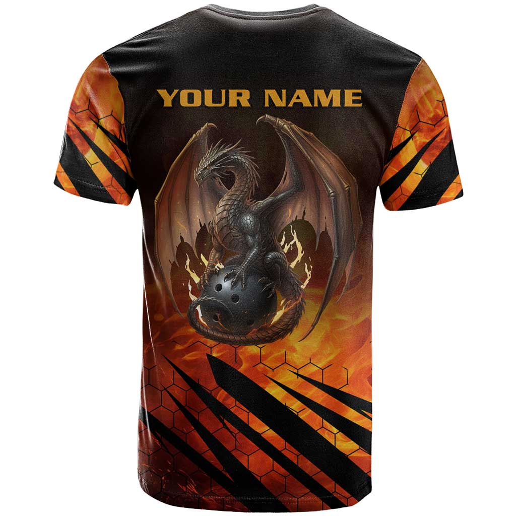 Custom Fiery Dragon Bowling T-Shirt with Flaming Ball and Hexagon Flame Pattern Graphic Tee