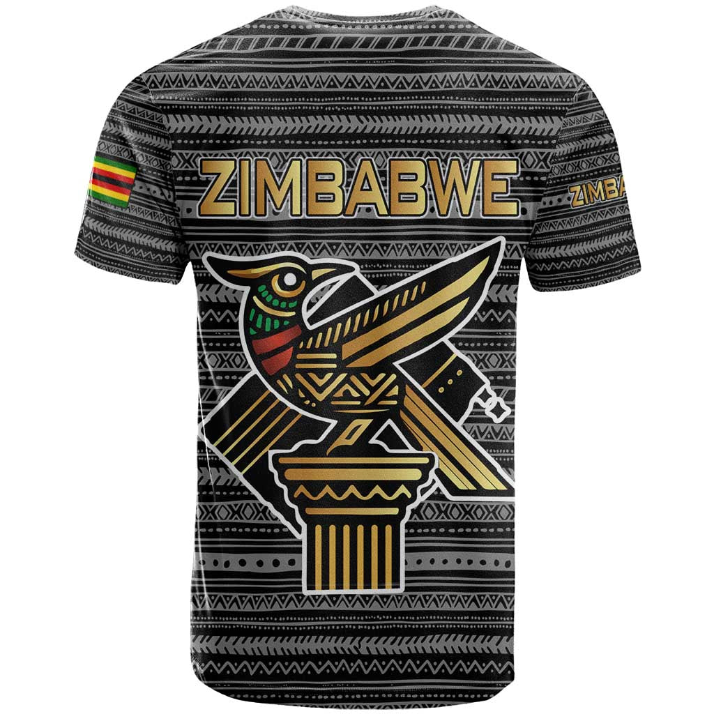 Zimbabwean Bird Statue T-Shirt Tribal Pattern with National Flag Patch and Heritage Symbol Graphic Tee