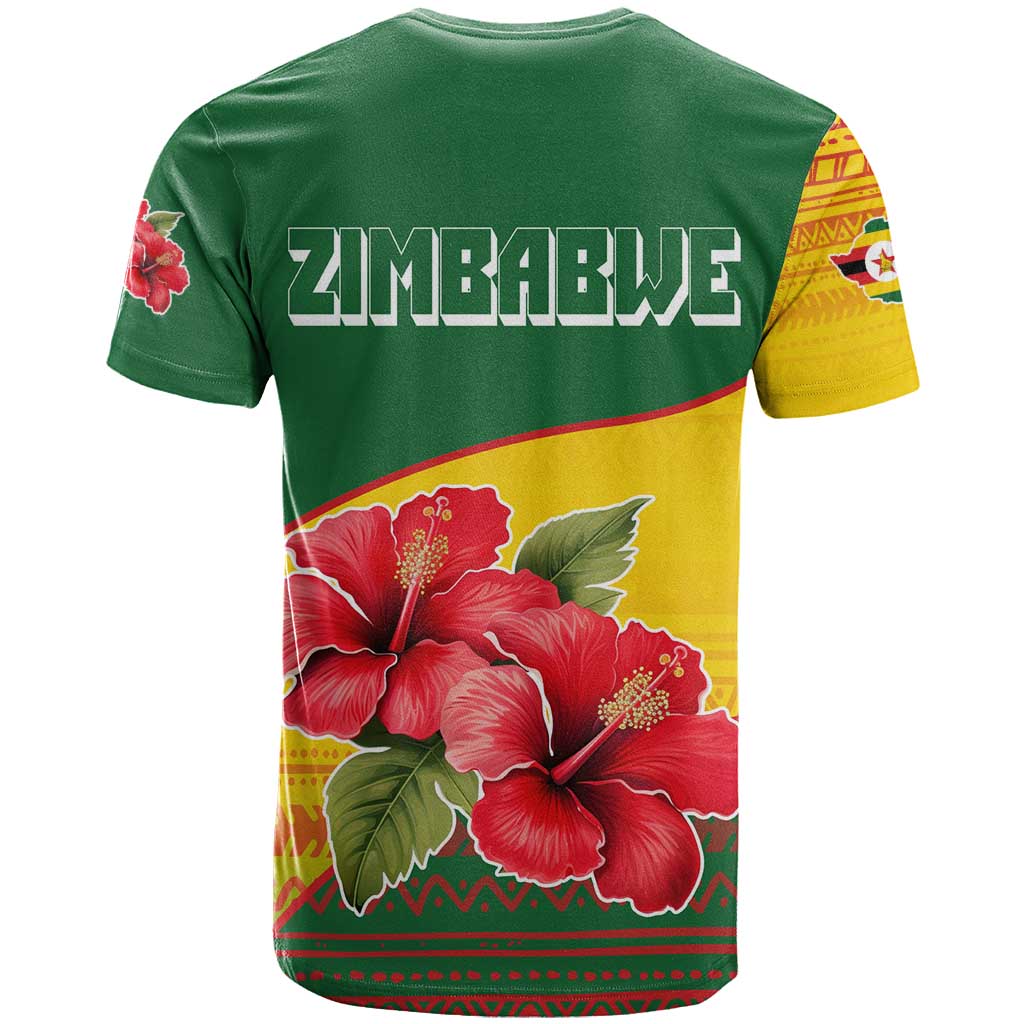 Zimbabwe Flag Map and Red Hibiscus Flowers T-Shirt with African Tribal Pattern Graphic Tee