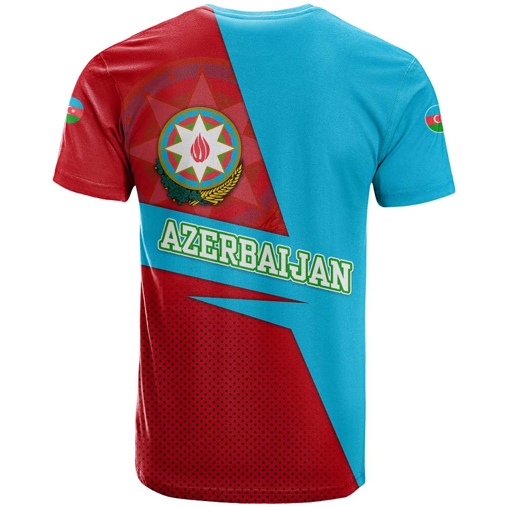 Azerbaijan National Emblem T-Shirt with Modern Flag Color Block Design Graphic Tee
