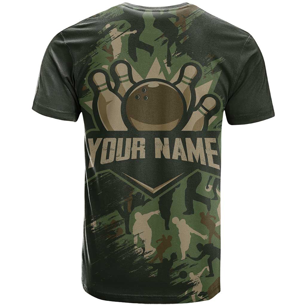 Bowling Camouflage Pattern T-Shirt with Ball and Pins Graphic in Army Green and Beige Brushstroke Design Graphic Tee