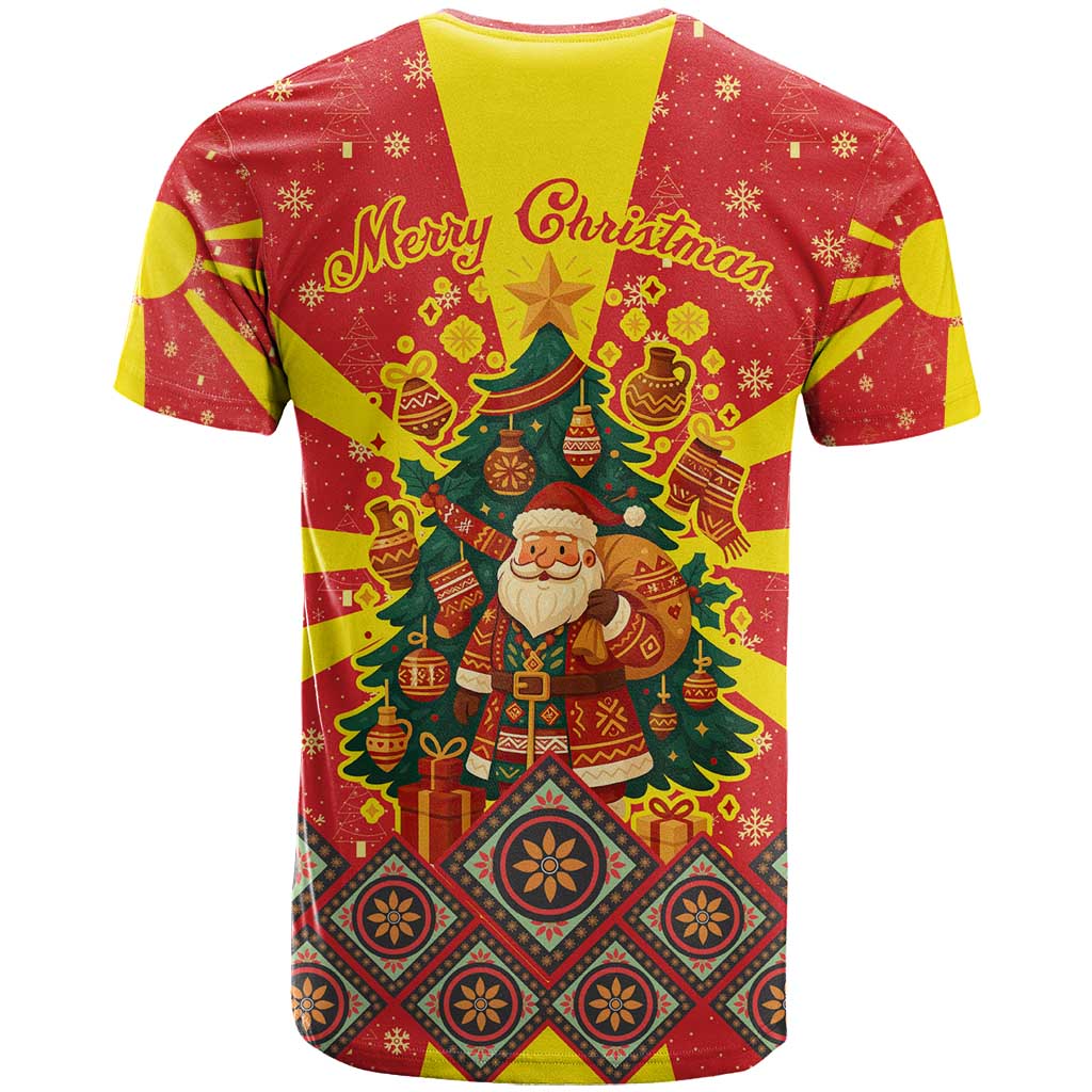 Macedonia Christmas T-Shirt with Yellow Sun, Santa, and Festive Tree Motif Graphic Tee