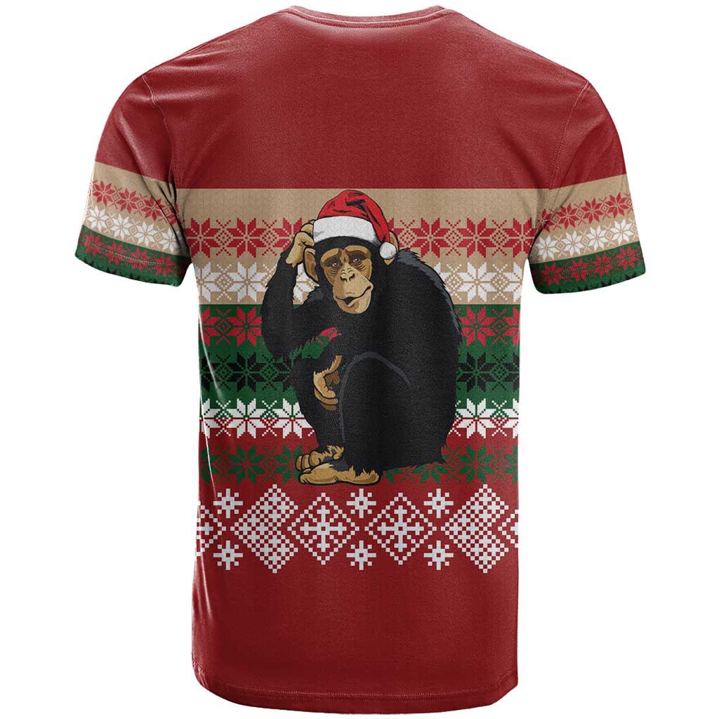 Chimpanzee Christmas T-Shirt Chimpanzee Wearing Santa Hat - Red Green Snowflake Graphic Tee