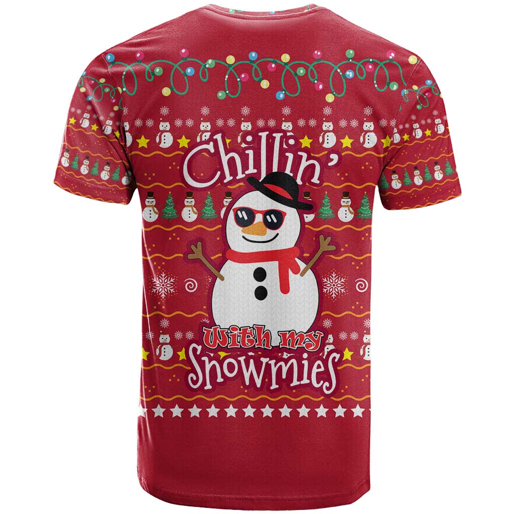 Christmas Chillin With My Snowmies T-Shirt Cool Snowman Red Snowflake Light String Graphic Tee