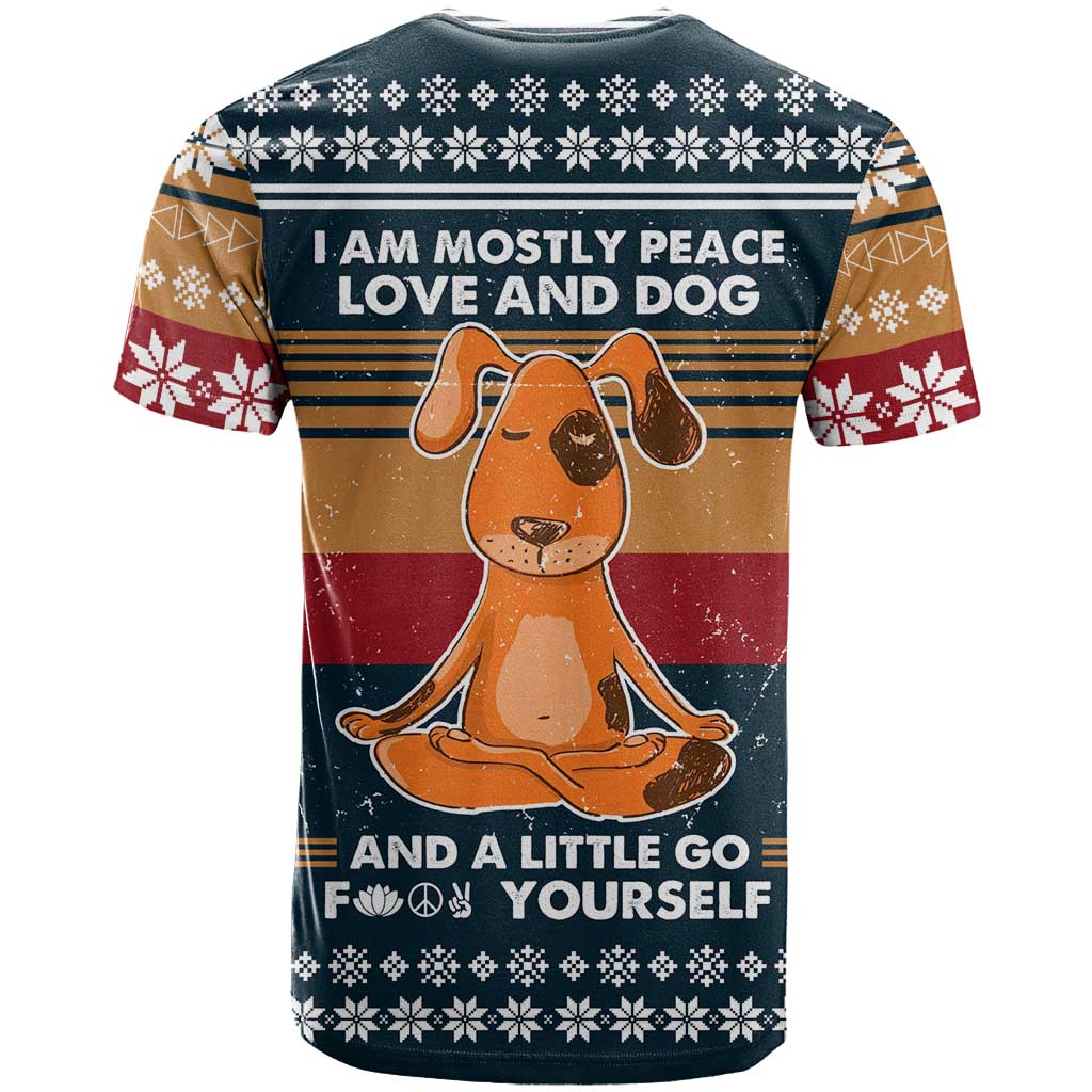 Peace Love And Dog Christmas T-Shirt Xmas Holiday Patterns Graphic Tee