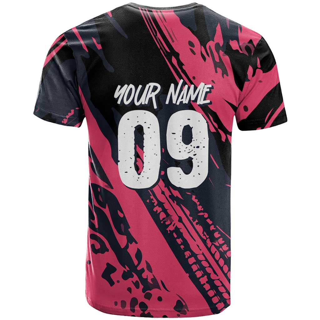 Custom Extreme Motocross Pink T-Shirt with Bold Tire Track Graphics Graphic Tee