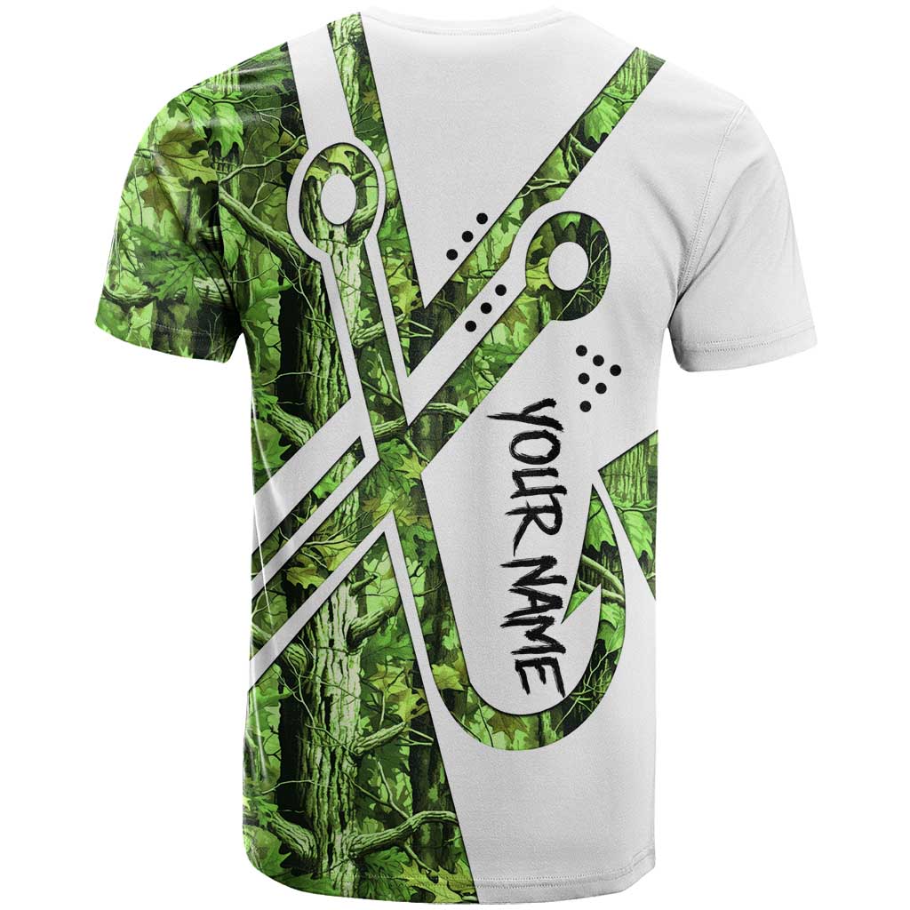 Custom Fishing Hook T-Shirt with Green Jungle Leaf Pattern and White Split Design Graphic Tee