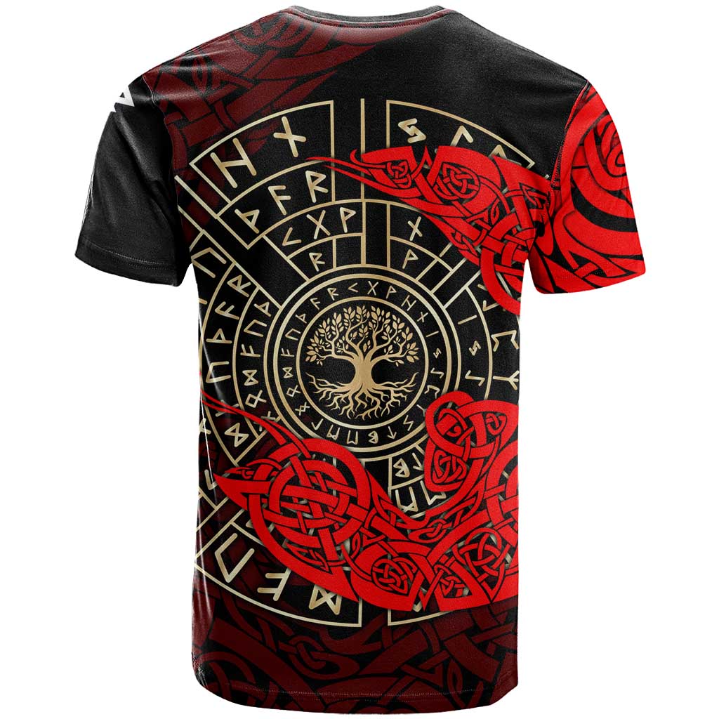 Yggdrasil T-Shirt with Red Norse Dragon and Runes Viking Heritage Tribute Graphic Tee