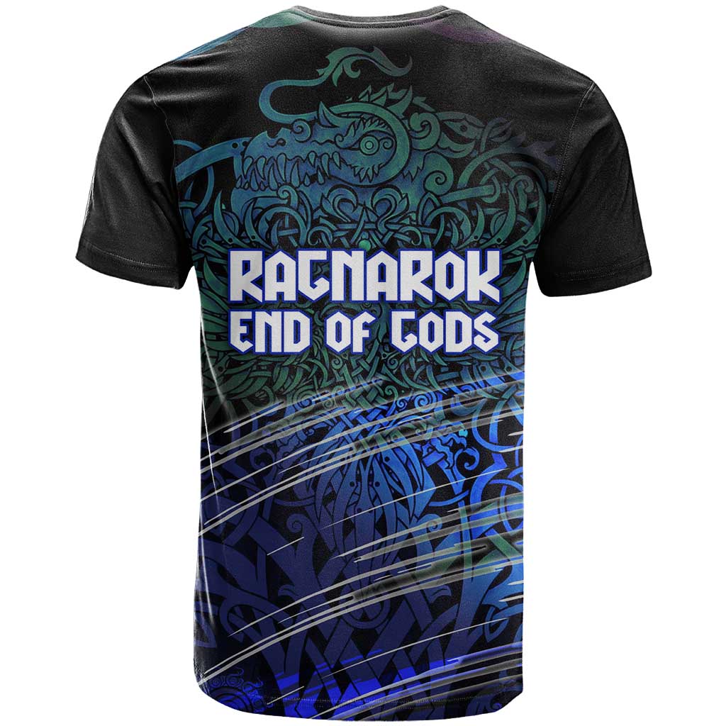 Fenrir T-Shirt with Blue Wolf, Runes and Ragnarok End of Gods Tribute Graphic Tee