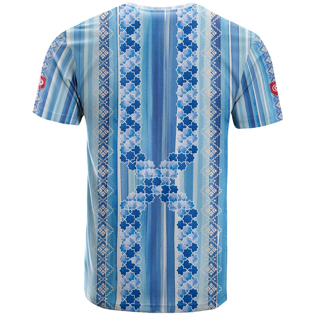 Tunisian Mosaic Pattern T-Shirt with Blue Stripes and Traditional Tile Design Graphic Tee