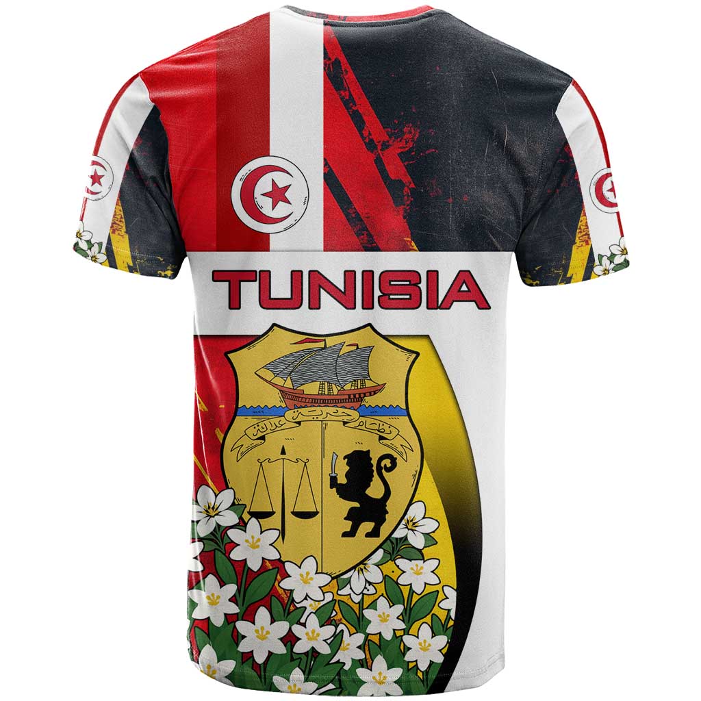 Tunisia T-Shirt with Camel, Jasmine Flowers, and National Flag Design Graphic Tee