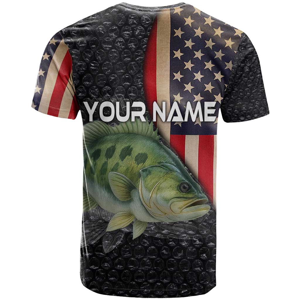 Custom Largemouth Bass Fishing T-Shirt American Flag and Bubble Texture Background Graphic Tee