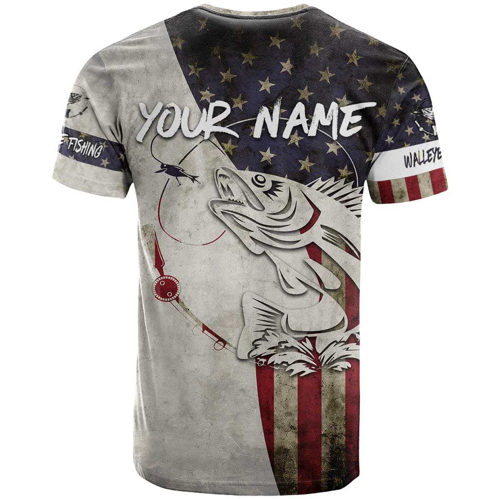 Walleye Fishing T-Shirt American Flag Vintage Design and Custom Name Option Graphic Tee