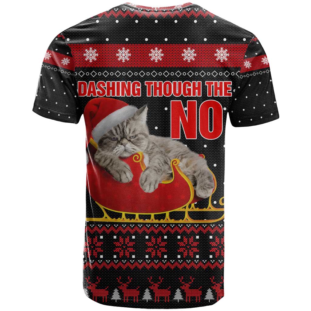 Cat Dashing Through The No Christmas T-Shirt Xmas Holiday Patterns Graphic Tee