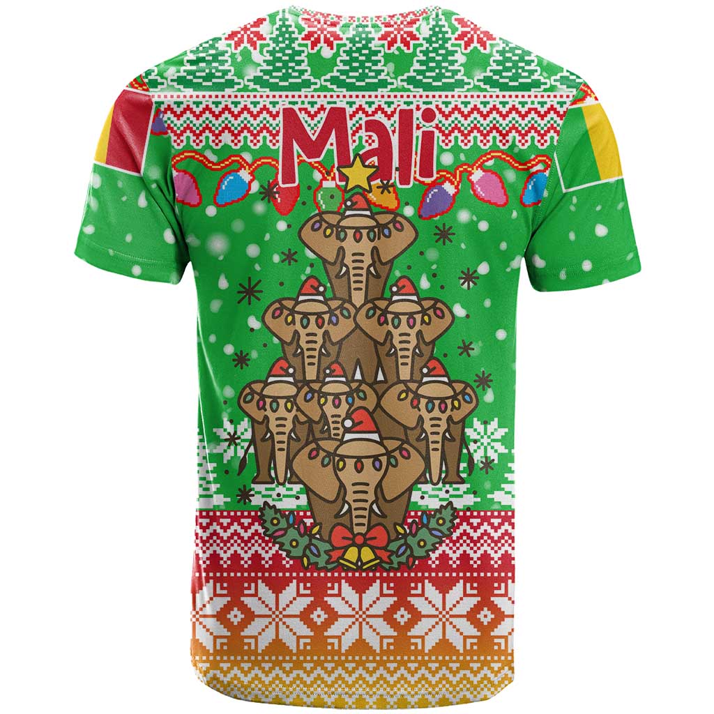 Mali Christmas T-Shirt with Cartoon Elephant Pyramid Snowflakes and Holiday Lights Graphic Tee